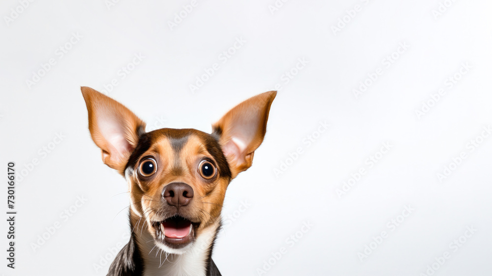 Portrait of a surprised or shocked toy terrier dog on a white background. Advertising banner layout for a pet store or veterinary clinic. Portrait of a surprised or shocked toy terrier dog on a white background. Advertising banner layout for a pet store or veterinary clinic.