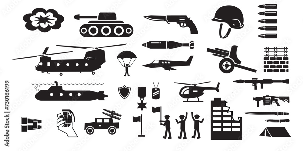Military and war icons, each icon grouped and editable