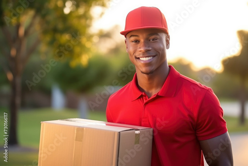 Young dark-skinned African-American delivery guy in red uniform smiling, holding cardboard box against the backdrop of cottage, sunset lighting. Delivery concept, ordering goods online © FoxTok