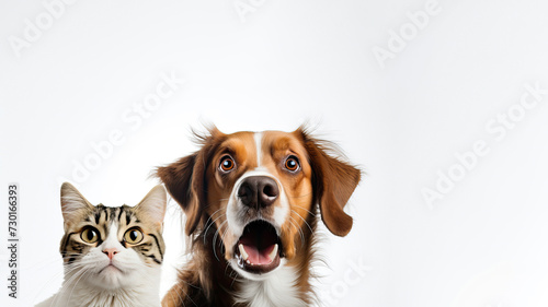 Portrait of a surprised cat and dog on a white background. Advertising banner layout for a pet store or veterinary clinic. © OleksandrZastrozhnov
