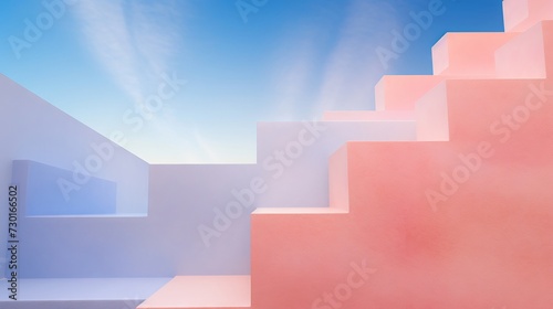 Pastel-hued abstract stairs under a bright sky, casting soft shadows