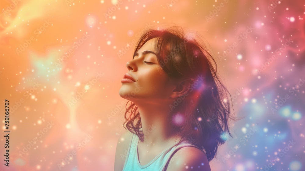 A girl or young woman with beautiful flawless glowing skin having starry astral experience in cosmic space environment A girl or young woman with beautiful flawless glowing skin having starry astral experience in cosmic space environment