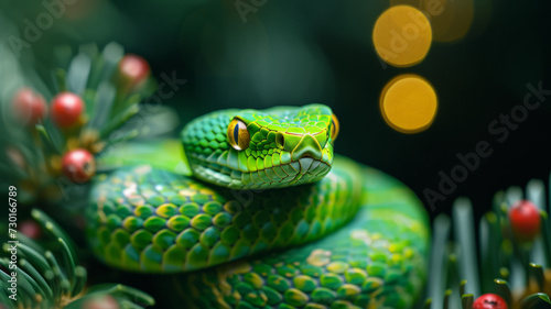 Snake on Christmas fir branch. Green snake is symbol of 2025.