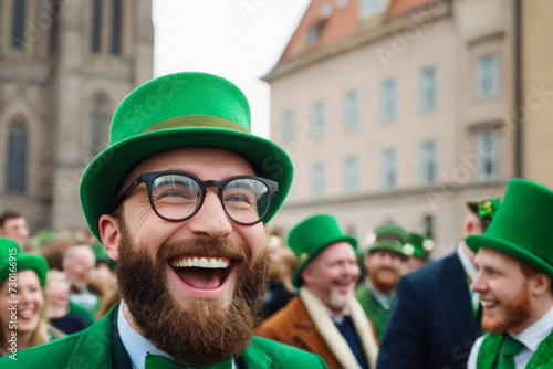 happy man with beard in green suit and leprechaun hat on the street festival. St. Patrick's Day celebration