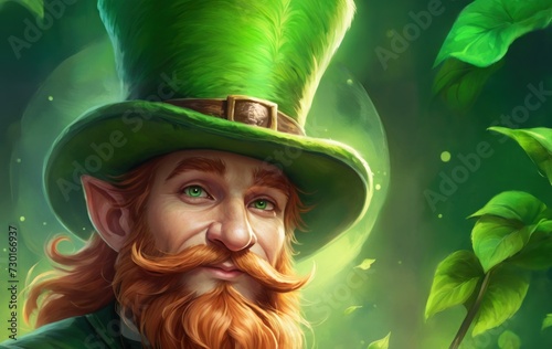 portrait of cartoon leprechaun on green background. St. Patrick's Day celebration