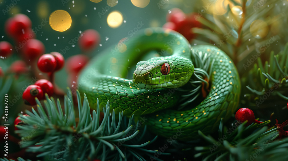Fototapeta premium Snake on Christmas fir branch. Green snake is symbol of 2025.