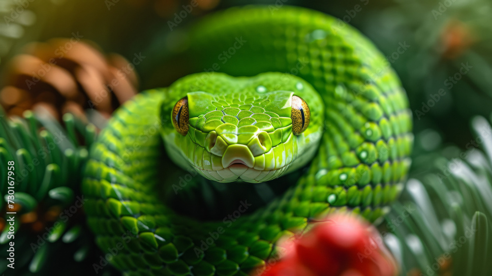 Fototapeta premium Snake on Christmas fir branch. Green snake is symbol of 2025.