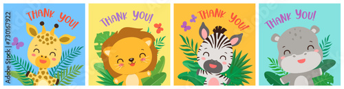 Cute animal characters thank you card set. Fun african animals cartoon kawaii design. Jungle safari animals waving and smiling. For birthday invitation, greeting card, label. Children vector. © Cute Design