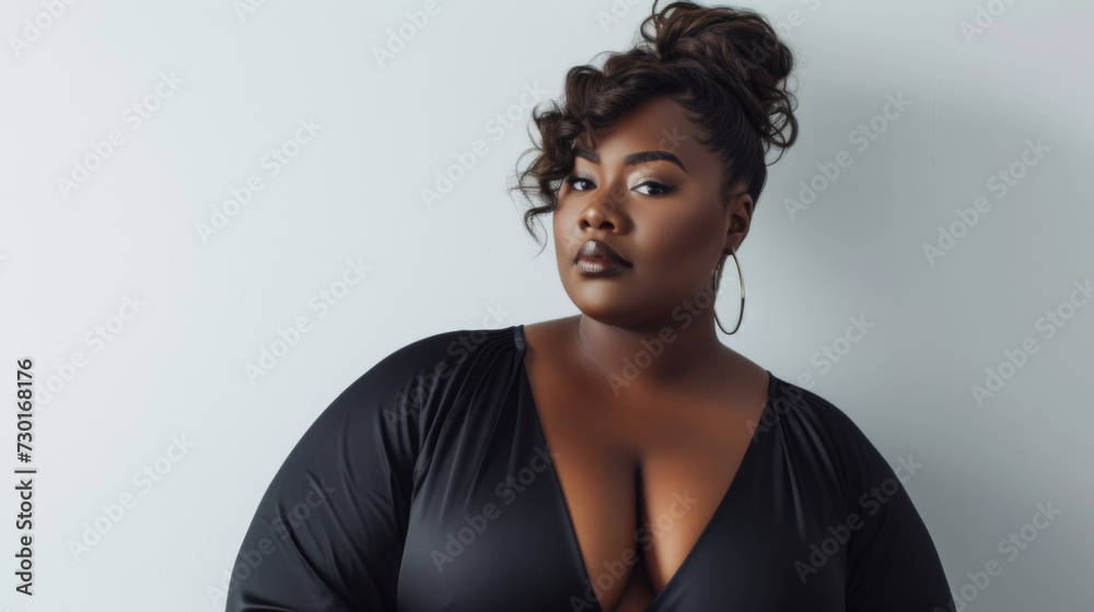 Plus size female model on a grey background. Photo in fashion editorial style Plus size female model on a grey background. Photo in fashion editorial style