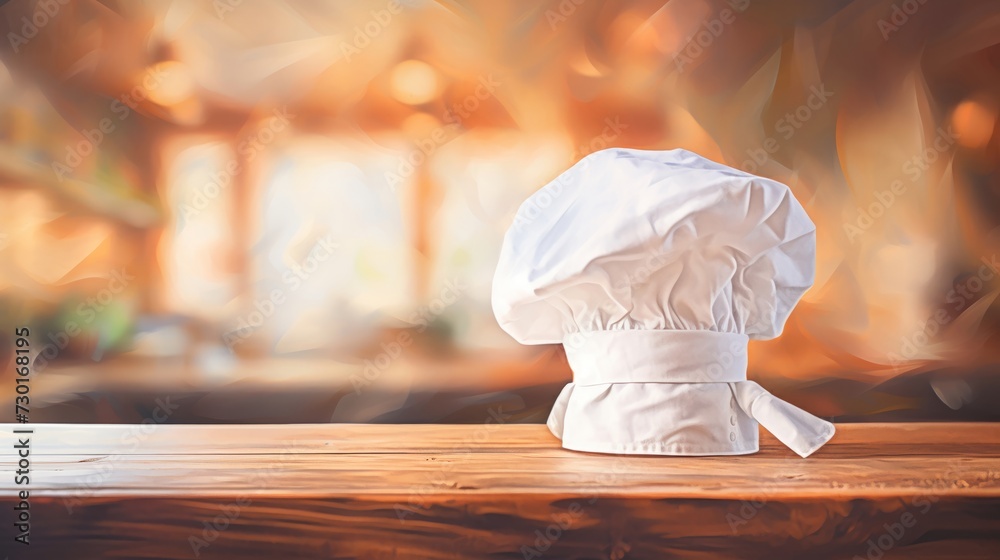 chef's hat on a wooden surface, kitchen setting in soft focus chef's hat on a wooden surface, kitchen setting in soft focus