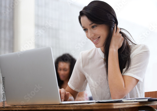 University, smile and woman in classroom with laptop for development in learning, opportunity and future. Education, knowledge and computer, happy college student in lecture studying for exam or test