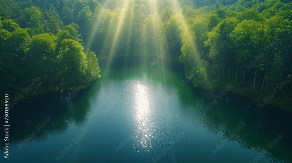 Waterfall in the forest, Aerial shot beautiful nature landscape with sun rays and forest and lake, Ai generated image