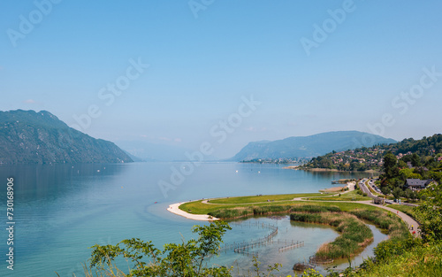 Photo of the Lac du Bourget and the Dent du Chat, in Aix-Les-Bains in Savoie, France