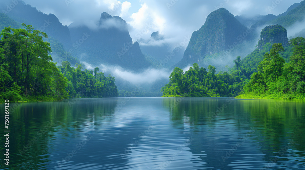 Lake in the mountains, Beautiful natural scenery of river in southeast Asia tropical green forest with mountains in background, Ai generated image 