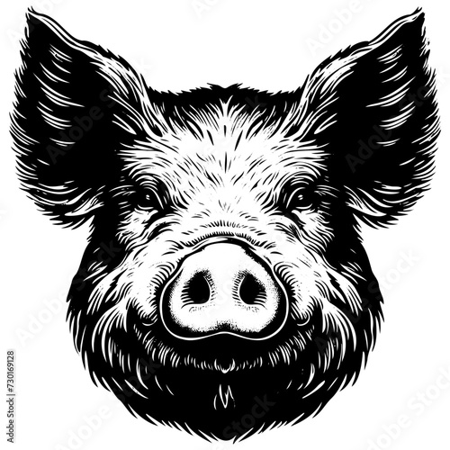 Close up of pig snout, black and white illustration, woodcut style
