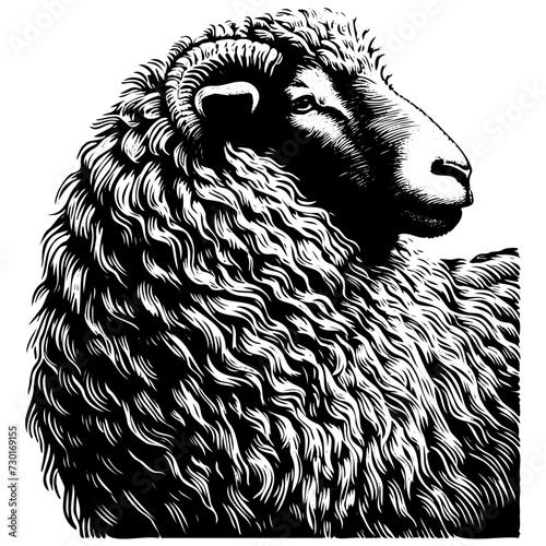 Close up of mutton muzzle, black and white, woodcut style