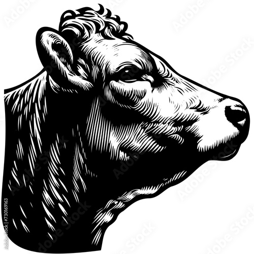 Close up of cow face, black and white, woodcut style, 