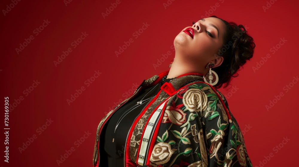 Fototapeta premium Plus size female model on a red background. Photo in fashion editorial style