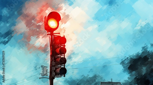 Watercolor digital art of a traffic signal, vivid red against a calming blue sky photo
