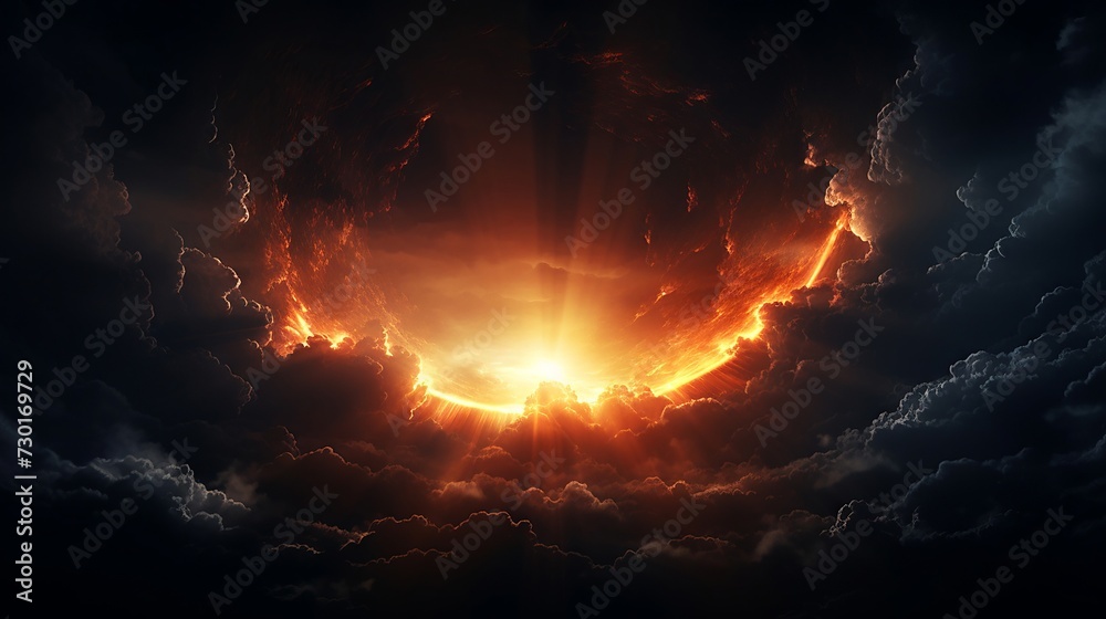 Dramatic natural solar eclipse with radiant flares peeking from behind dark clouds