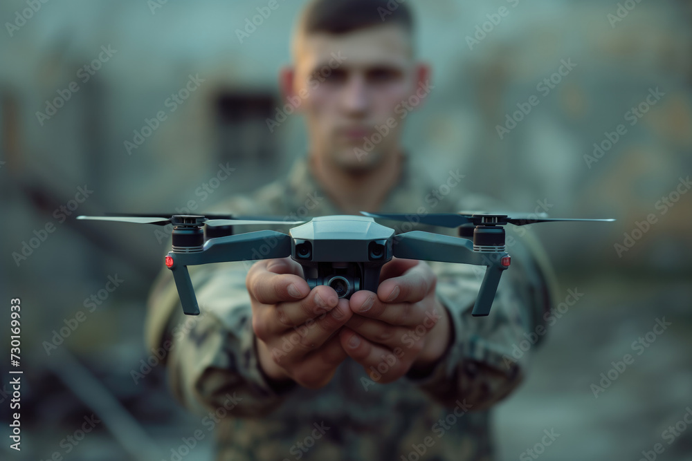Blurred soldier in camouflage holding a fpv drone with precision, ready ...