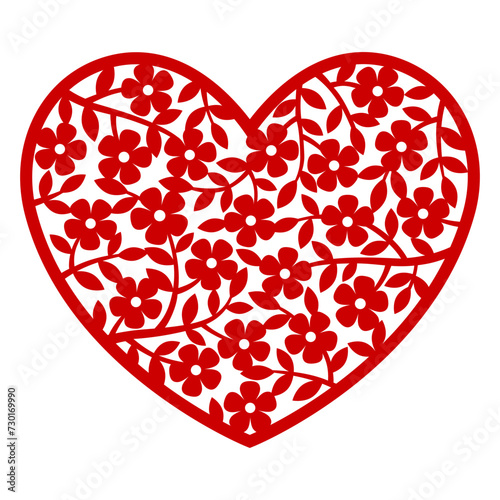 Vector silhouette hand drawn illustration. Floral invitation card in a lace style for Wedding or Valentine's day. Template for laser cutting