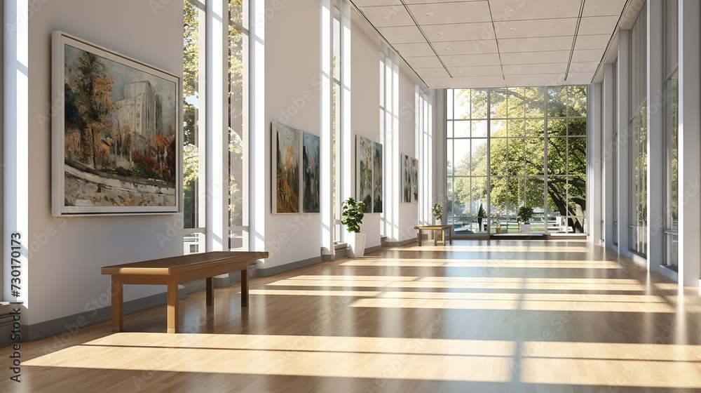 Fototapeta premium Classic art gallery hallway, natural light, white walls, framed landscape paintings