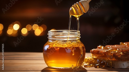 Golden honey flowing from a jar onto a rustic wooden surface, natural backlight