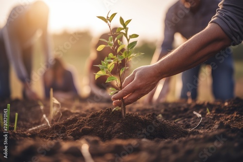 Group of volunteers planting tree in a park