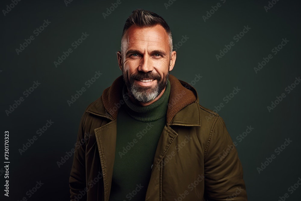 Portrait of a handsome middle-aged man in a green jacket. Men's beauty, fashion. Portrait of a handsome middle-aged man in a green jacket. Men's beauty, fashion.