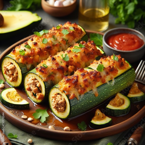 Baked stuffed zucchini columns with minced chicken and vegetables on a plate