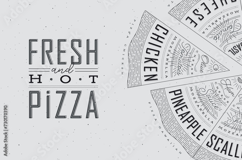 Obraz na płótnie Poster featuring slices of various pizzas, with recipes and names showcased in fresh and hot lettering, drawn on a grey background. w salonie