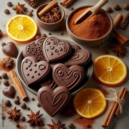 Chocolate heart cookies, oranges cinnamon and spicy spices on a gray table, top view, close up