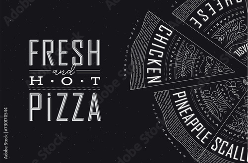 Poster featuring slices of various pizzas, with recipes and names showcased in fresh and hot lettering, drawn on a black background.