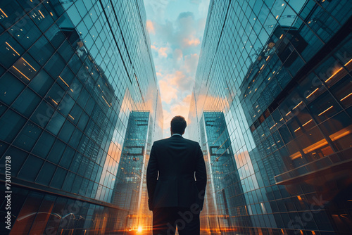 Businessman in suit, office glass buildings backdrop. Represents economic market, stock investment, financial freedom, company profit, growth IPO banner.





