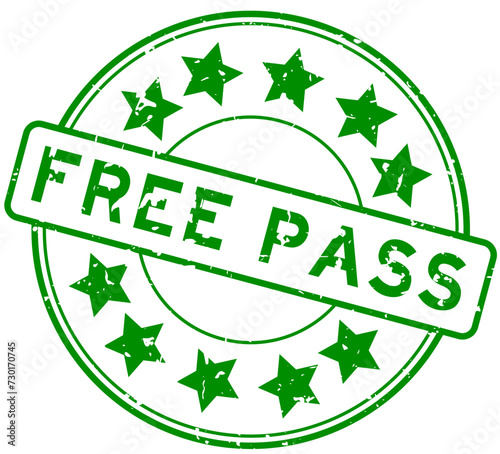 Grunge green free pass word with star icon round rubber seal stamp on white background
