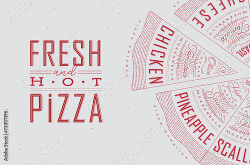 Obraz na płótnie Poster featuring slices of various pizzas, with recipes and names showcased in fresh and hot lettering, drawn with red on a grey background. w salonie