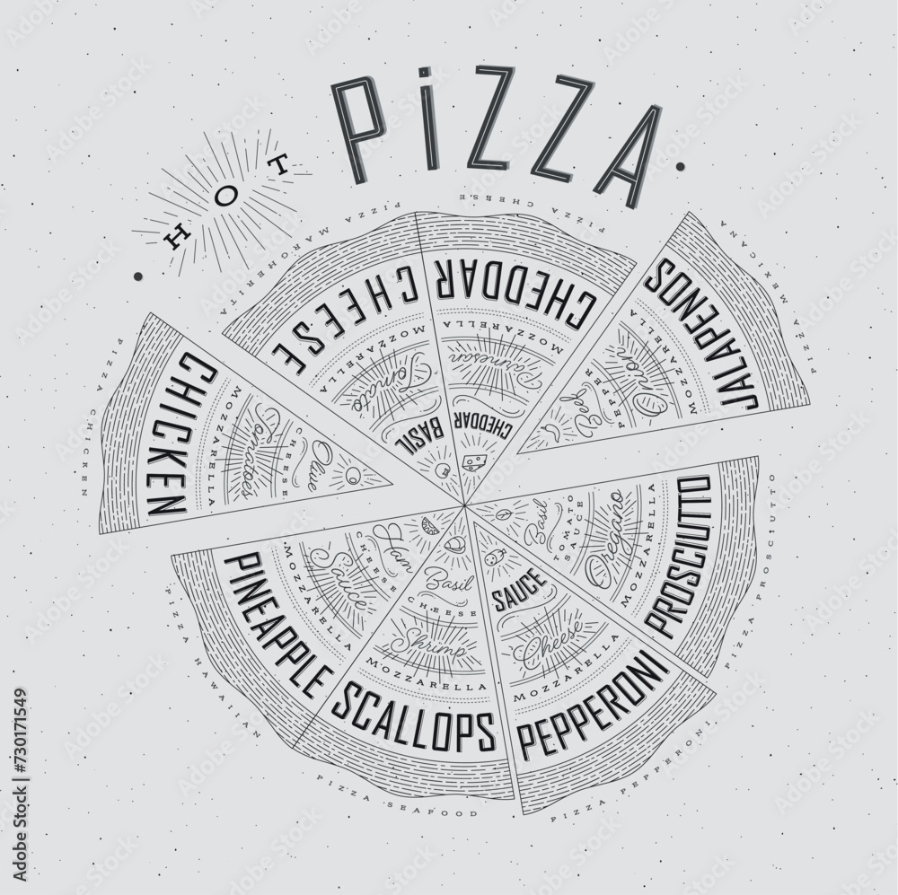 Poster featuring slices of various pizzas, chicken, seafood, pepperoni, cheese, margherita with recipes and names showcased in hot pizza lettering, drawn on a grey background.