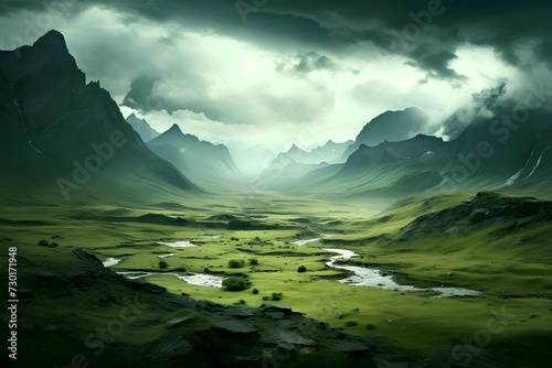 Landscape of High Hills Mountains: Majestic Peaks, Green Valleys, and Flowing Rivers. Generative AI.