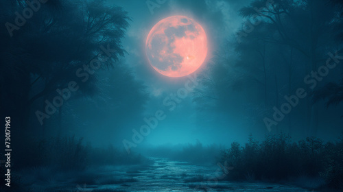 Night misty night, Spooky halloween night, Full moon over dark spooky forest at night, Ai generated image