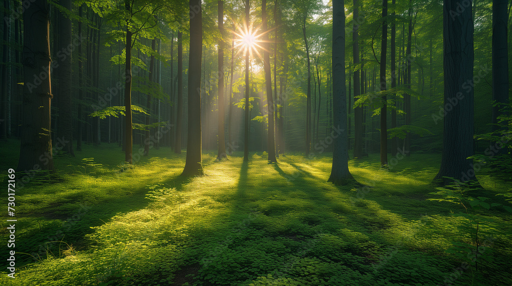 Rays of light, Forest in the fog, Morning in the forest,  Green forest panorama scenery with sunlight, Ai generated image