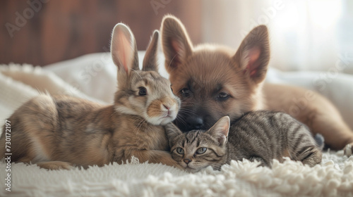 Furry Friends: A Puppy, Rabbit, and Cat Enjoying a Relaxing Moment