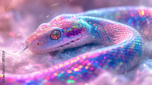 Opal rainbow snake closeup, Color sparkle snake on branch. Magic snake on a glitter background.