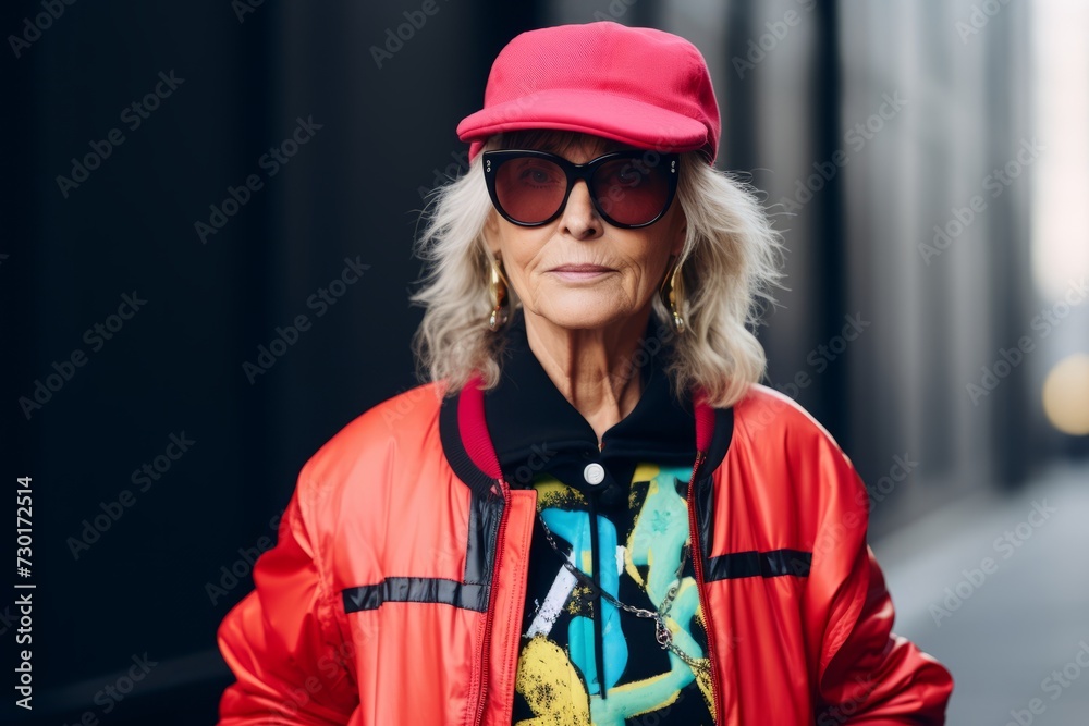 stylish senior woman in red jacket and baseball cap walking in city stylish senior woman in red jacket and baseball cap walking in city