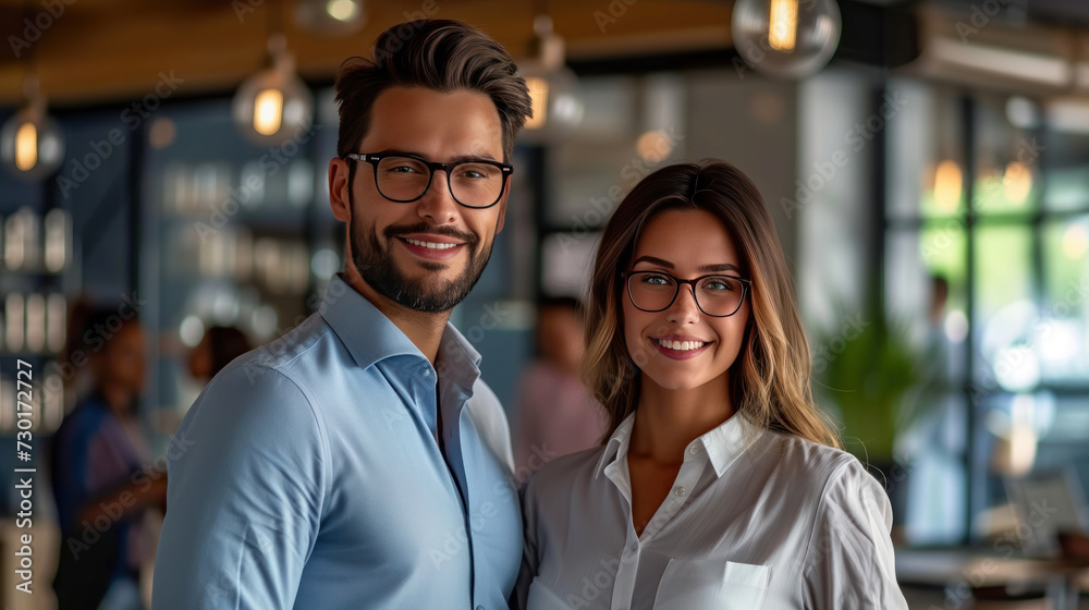 Handsome Businessman and Lady in Smart Casual Wear Looking at Camera and Smiling. Background Business People Discussing affairs. Handsome Businessman and Lady in Smart Casual Wear Looking at Camera and Smiling. Background Business People Discussing affairs.