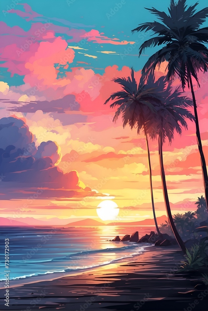 A Painting of a Sunset on a Beach With Palm Trees. Generative AI.