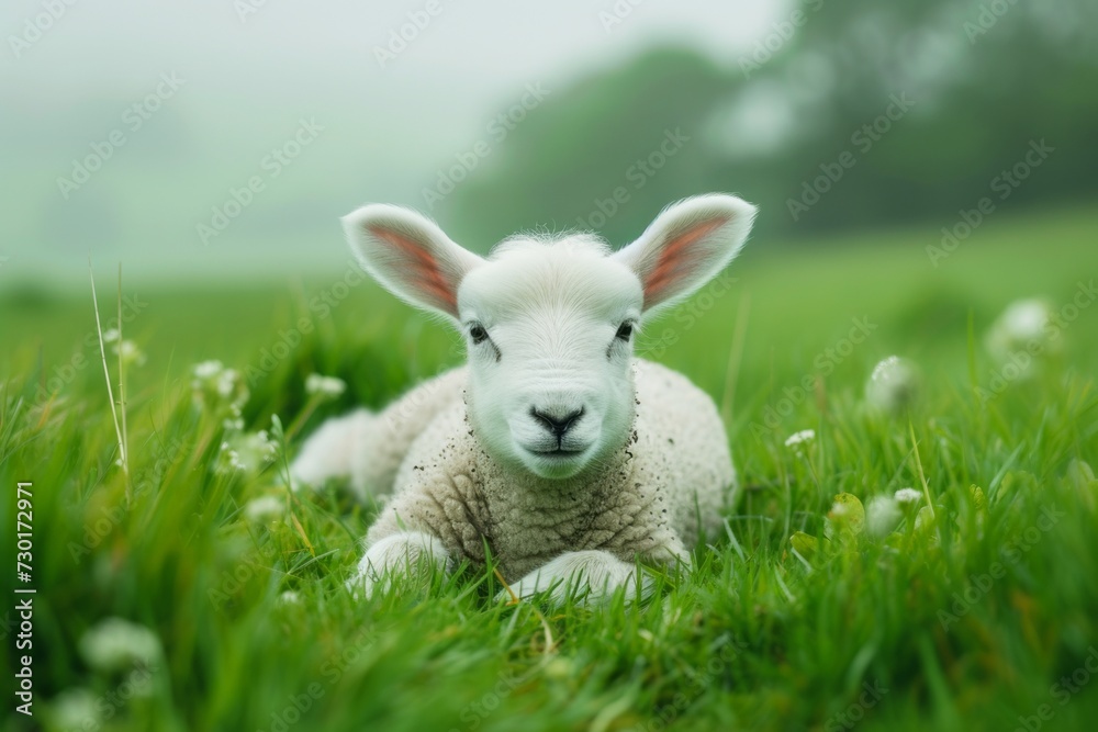 Adorable Lamb Lying in Spring Green Grass, A cute white lamb with soft wool resting peacefully in lush green grass, with a serene and foggy background. Adorable Lamb Lying in Spring Green Grass, A cute white lamb with soft wool resting peacefully in lush green grass, with a serene and foggy background.