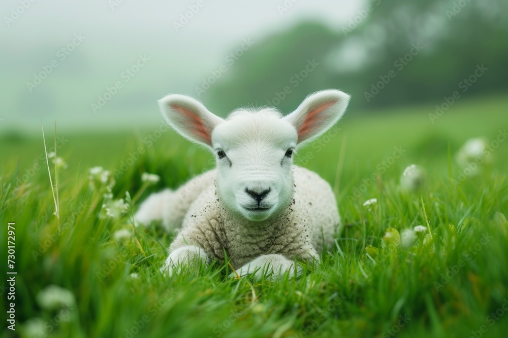 Adorable Lamb Lying in Spring Green Grass, A cute white lamb with soft wool resting peacefully in lush green grass, with a serene and foggy background.