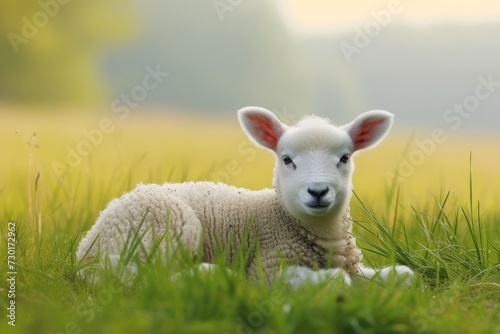Adorable Lamb Lying in Spring Green Grass, A cute white lamb with soft wool resting peacefully in lush green grass, with a serene and foggy background.
