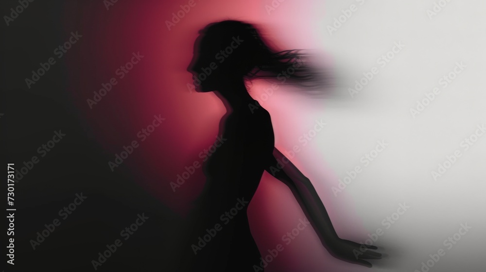 Female silhouette on a red gradient background. Elegant outline of a woman in motion out of focus Female silhouette on a red gradient background. Elegant outline of a woman in motion out of focus